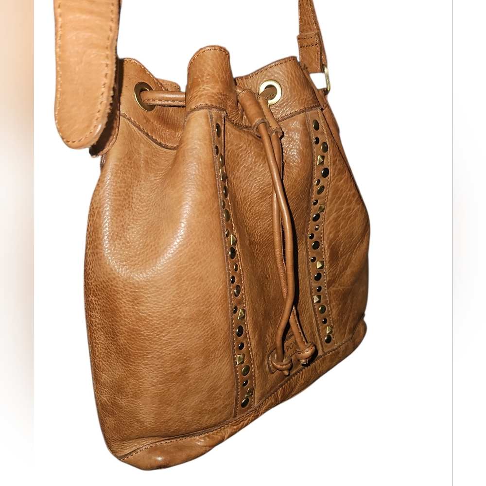 Marta Ponti Portugal Pebbled Leather Draw String Bucket Bag With Studs